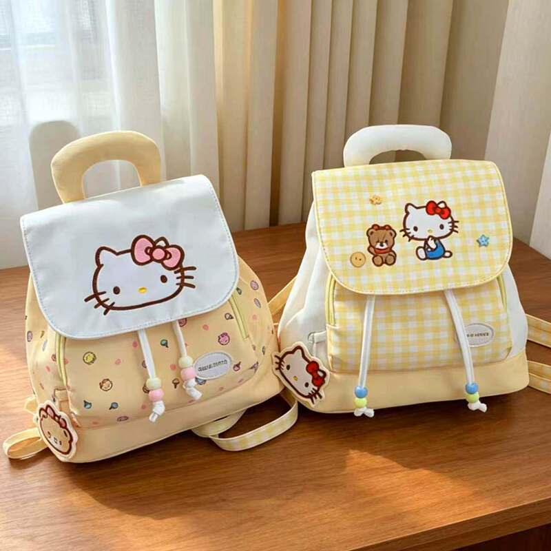 Dopamine Plaid Backpack for Children, Girls, and Teenagers, Kt Cat School Bag, Cute and Adorable Kitten Backpack for Students