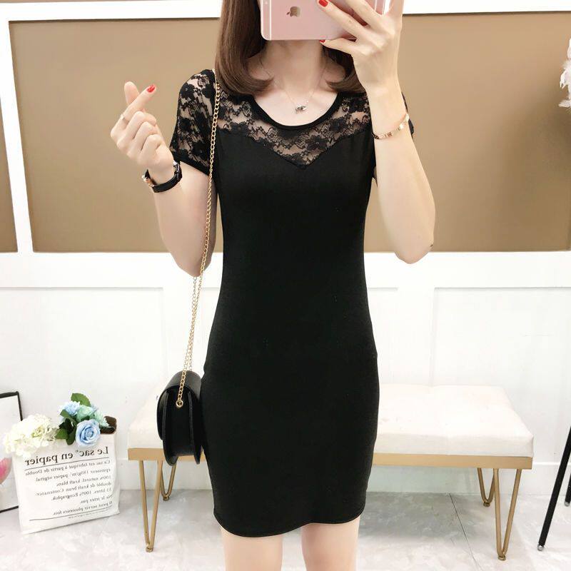 Short-Sleeved T-Shirt for Women, Mid-Length Outerwear, New Korean Style Striped Lace Splicing Round Neck Slim Fit Hip-Hugging Dress