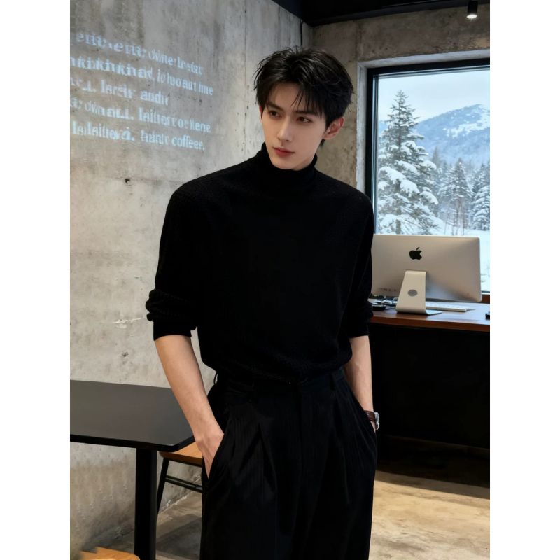 Uamtor Black Half-Turtleneck Knitted Sweater for Men, Autumn and Winter High-End Style Inner Layer Base Shirt, Korean-Style Slim-Fit Top