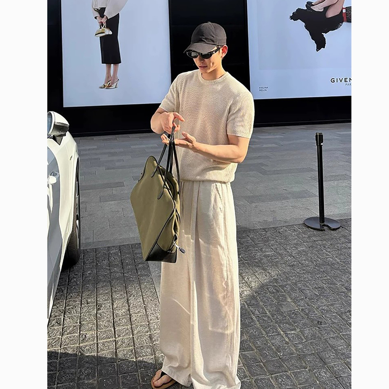 Korean Uamtor Set for Men, Summer American-Style Knitted Short-Sleeve T-Shirt and Pants, Old Money Style, Cool and Fashionable Outfit