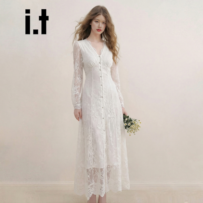 It:Chocoolate French Romantic Style White Lace V-Neck Dress for Women, Long-Sleeved, Mid-Length, Socialite Style