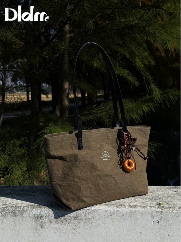 【Moss Green Multi-Compartment】Large Capacity Commuter Bag Japanese Style Artistic Washed Kraft Paper Handheld Shoulder Tote Bag