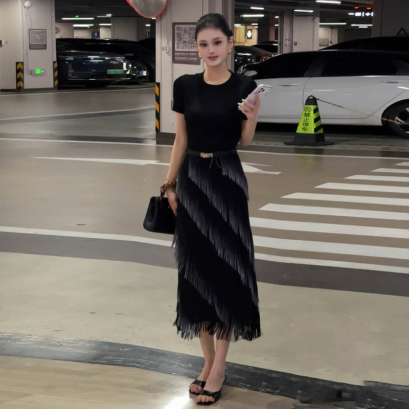 Miyake Declaration Black Pleated Dress Women's Summer New Style Tassel Patchwork Slimming High-End Elegant Long Dress
