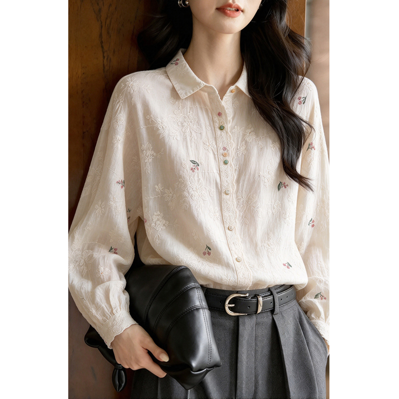 Novo Zhiyu Pure Cotton Stylish French Heavy Embroidery Shirt with a Turn-Down Collar, Age-Reducing, 2026 Autumn New Beautiful Shirt Novo Zhiyu Pure Cotton Stylish French Heavy Embroidery Shirt with a Turn-Down Collar, Age-Reducing, 2026 Autumn New Beautiful Shirt
