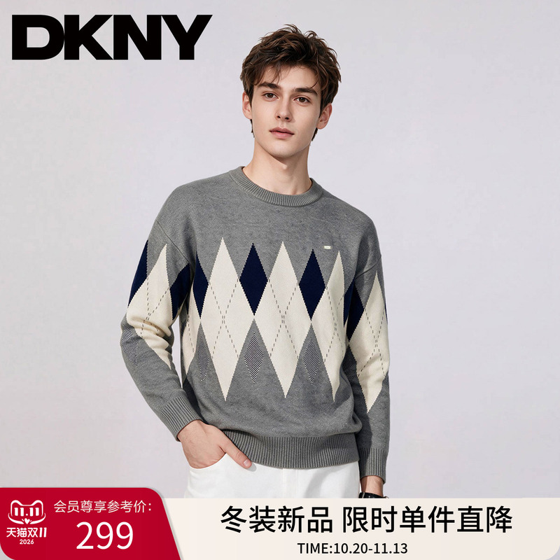 Dkny Tang Kenaier Round-Neck Color-Blocked Men's Knitwear 2026 Autumn Argyle Sweater Versatile Knit Top