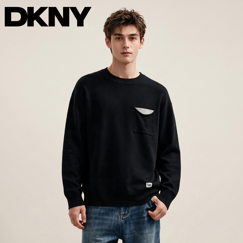 Dkny Round Neck Fake Pocket Pullover Sweater 2026 Autumn Loose Knit Long-Sleeve Top