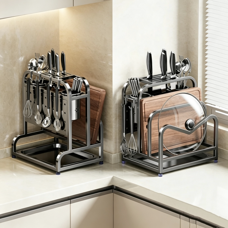 2026 Gun Gray Stainless Steel Knife Rack Storage Rack Kitchen Multifunctional Chopstick Cage Chopping Board Integrated Knife Storage