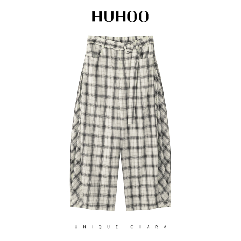 Huhoo Lazy Style Pure Cotton Plaid Balloon Pants for Women with Belt Design, Elastic Waist, Lightweight Wide-Leg Trousers