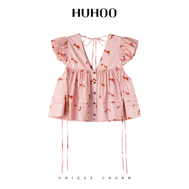 Huhoo Pure Cotton Shirt for Women 2026 Summer New Sweet Style Floral Blouse with Ruffled Edges Pink Top