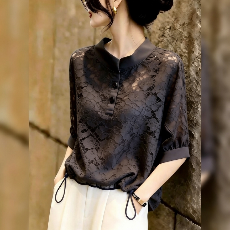 2026 Summer New Style High-End Lace Top for Women, Fashionable Dark Gray Stand-Up Collar Design, Niche Style T-Shirt 2026 Summer New Style High-End Lace Top for Women, Fashionable Dark Gray Stand-Up Collar Design, Niche Style T-Shirt