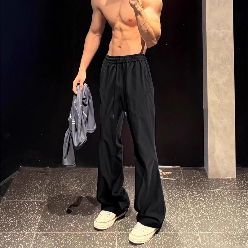 New Arrival: Men's Black Quick-Dry Diagonal-Cut Pants, Spring/Summer Thin Fitness Sports Casual Pants, Straight-Leg Versatile Flared Pants