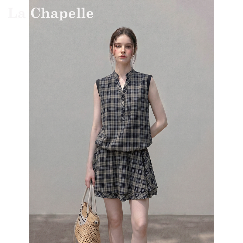La Chapelle French-Style Retro Plaid Sleeveless Dress, New Summer Model with Stand Collar and Floral Hem, Elegant A-Line Short Dress