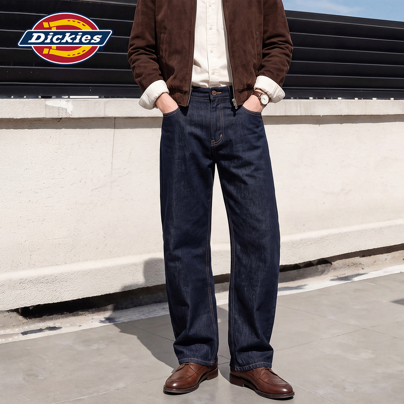 Dickies American Retro Raw Denim Straight-Leg Jeans for Men, Early Autumn Trendy Casual Wide-Leg Long Pants