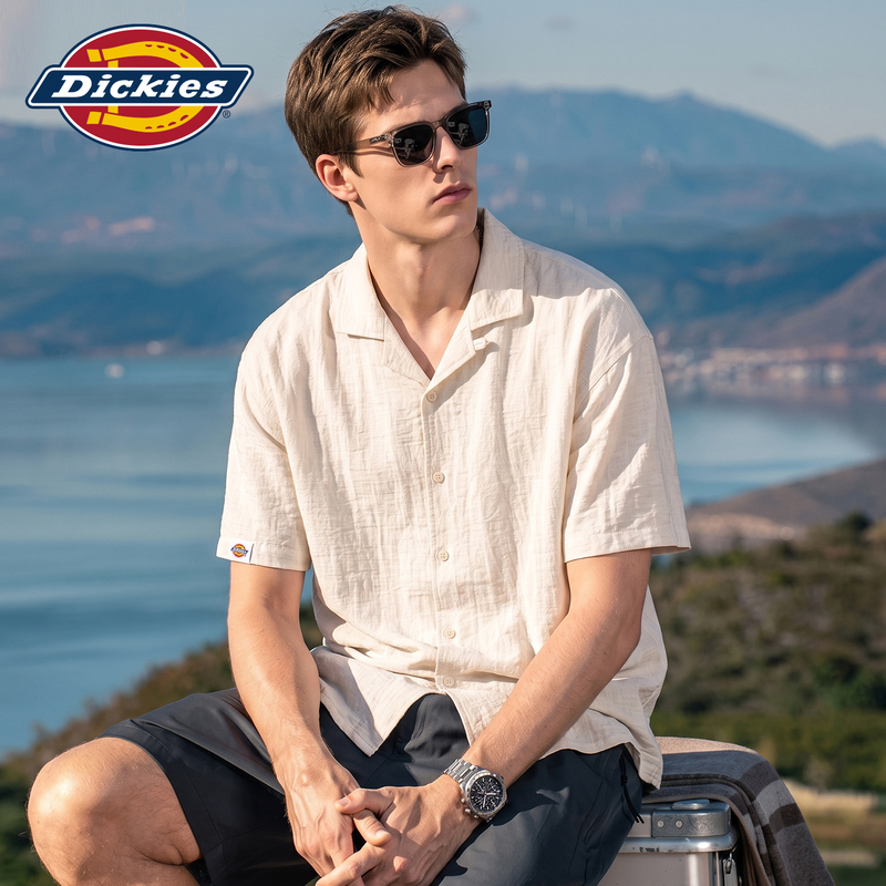 【Linen Tencel】Dickies Old Money Style Cuban Collar Short Sleeve Shirt Men's Summer Light Luxury Casual Shirt