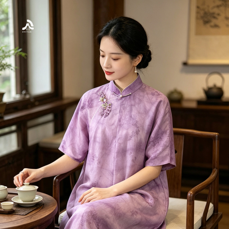 Zhi Yue [Nine-Layer Purple] New Chinese-Style Long Dress Tie-Dye Jacquard Silk 100% Mulberry Silk 2026 Summer New Dress