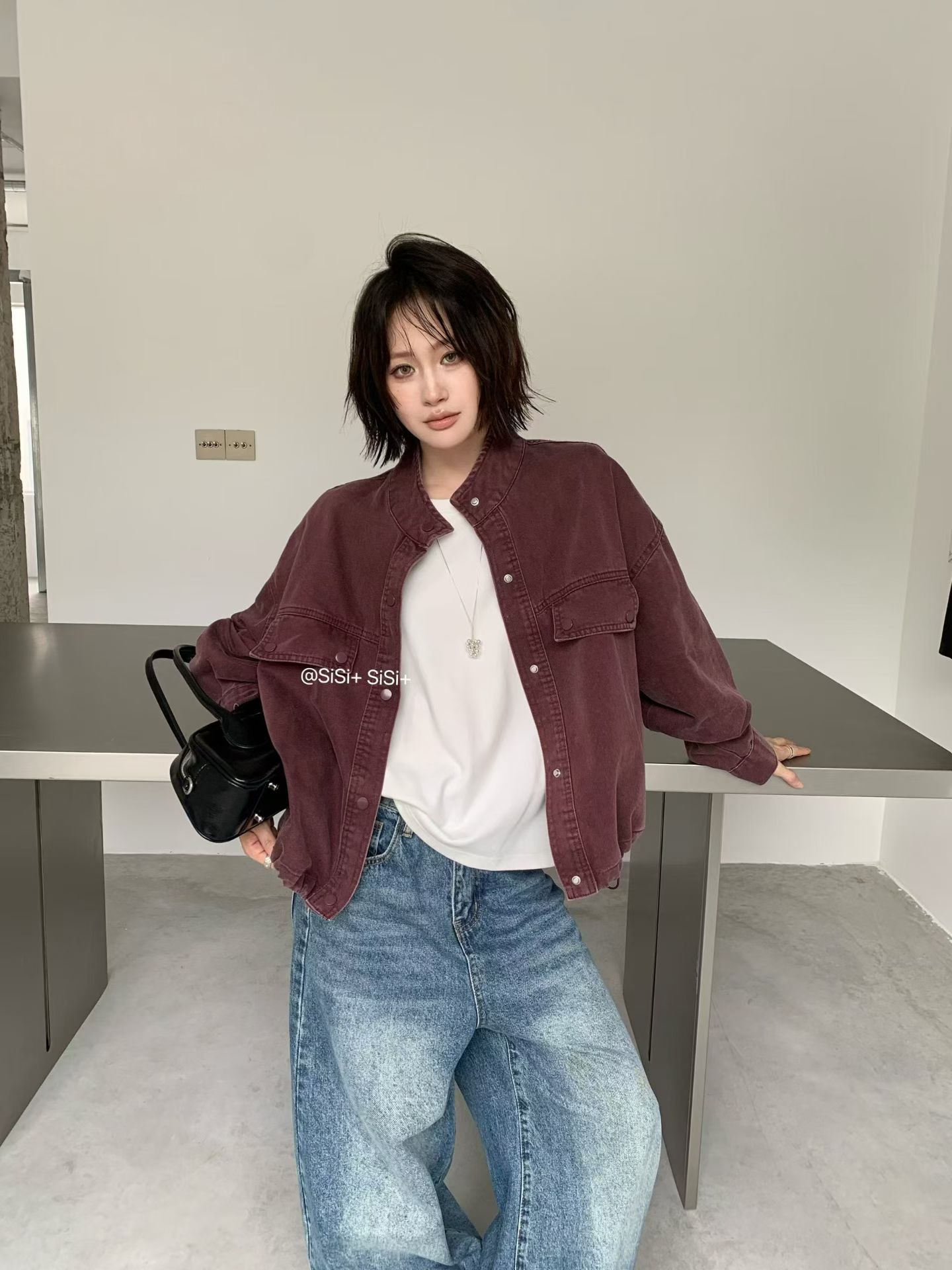 한 부서 외국 가스 연령 감소 슬림해 보이는 가을 새로운 작은 키 캐주얼 루즈핏 스탠드 칼라 워크웨어 재킷 짧은 외투 데님 트렌디 상세 이미지 4