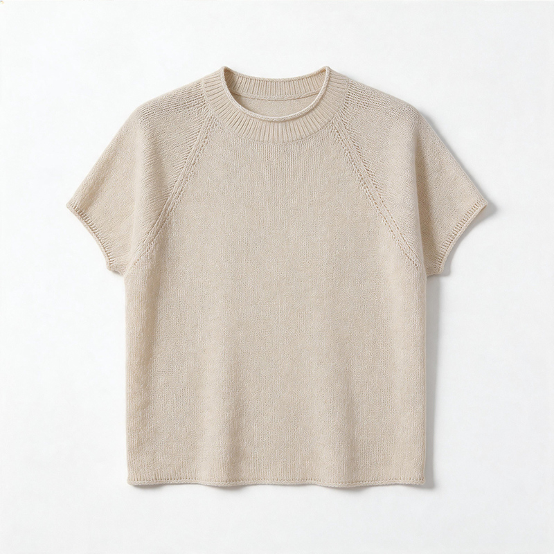 Japanese Paper Yarn Mulberry Silk Short-Sleeved Knit Top, New Women's Clothing, Skin-Friendly, Breathable, Round Neck, Rolled Edges, Age-Reducing, Slimming, Summer Style