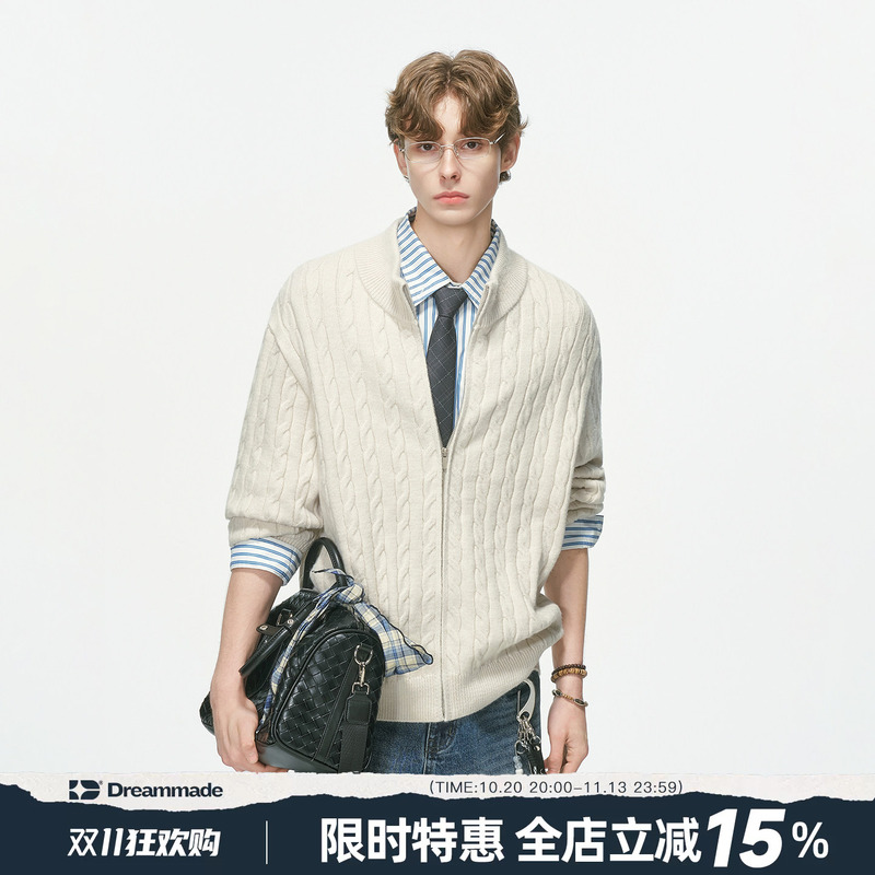 Dream Made【Oatmeal Gray】Old Money Style Twist Knit Cardigan Sweater for Men, Autumn Couple Knitwear Jacket