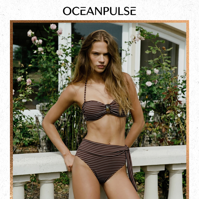 Op Two-Piece Swimsuit for Women, Bikini, High-End Sexy Striped Slimming Hot Spring Seaside Vacation Style Bandeau Halter Neck Strap