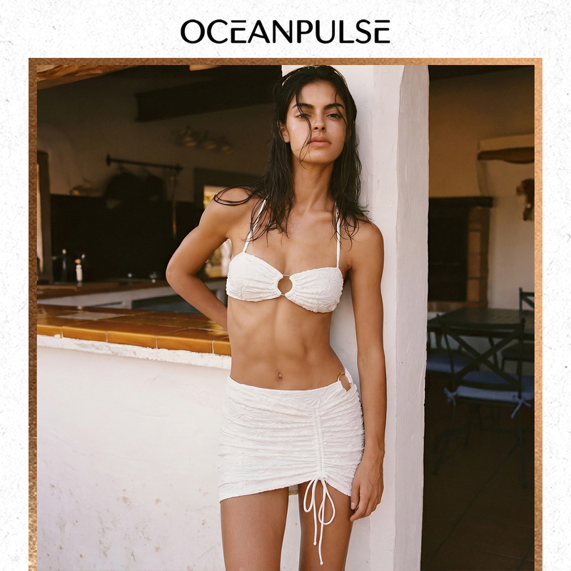 Op Two-Piece Swimsuit for Women, Bikini, High-End Sexy Drawstring Tie-Up Bandeau, Gathered Halter Neck, Seaside Beach Vacation Style