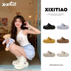Thin Strap Arch Support Hole Shoes for Women, Summer Eva Height-Increasing Thick-Soled Simple Non-Slip Trendy Beach Sandals for Seaside Vacation