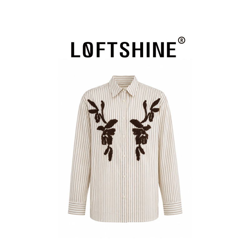 Loftshine Striped Embroidered Long-Sleeved Shirt with Loose Design and Niche Style Ls708B47058