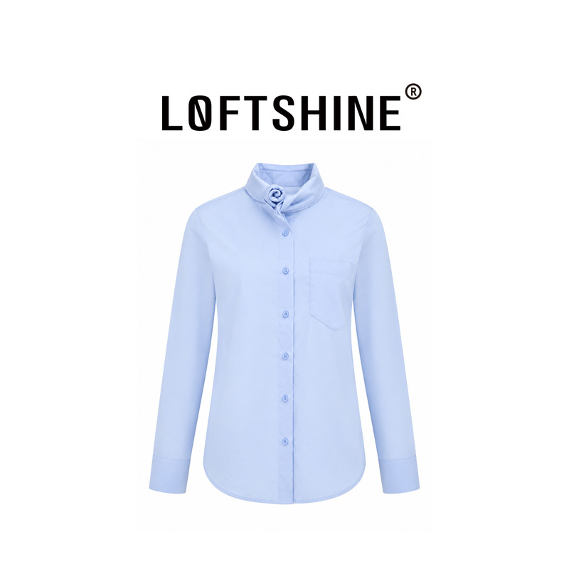 Loftshine Minimalist Style Blue Lace-Up Floral Stand-Up Collar Shirt for Women Long Sleeve Ls707B64009 Loftshine Minimalist Style Blue Lace-Up Floral Stand-Up Collar Shirt for Women Long Sleeve Ls707B64009
