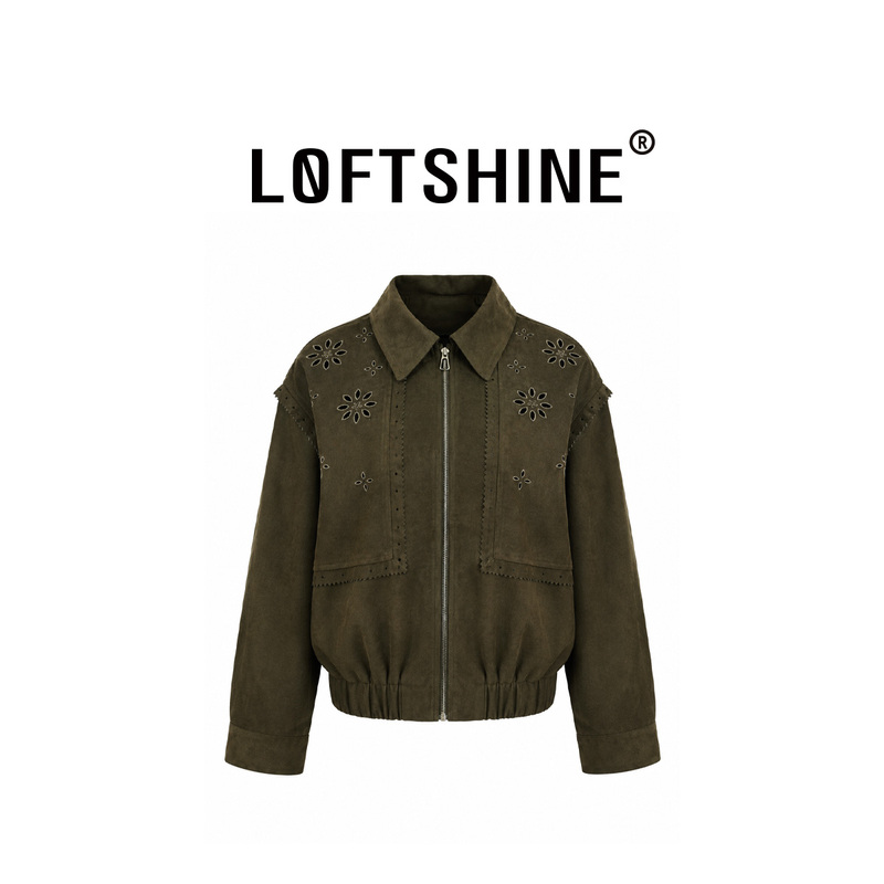 Loftshine Cut Out Flower Lapel Jacket Short Suede Zipper Jacket Ls708B43047 Loftshine Cut Out Flower Lapel Jacket Short Suede Zipper Jacket Ls708B43047