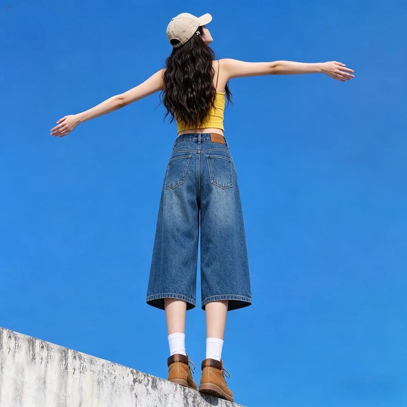 Dzoe Retro Blue Wide-Leg Denim Shorts for Women, Summer Thin Style, 2026 New Model, Loose Fit, Slimming Straight Pants
