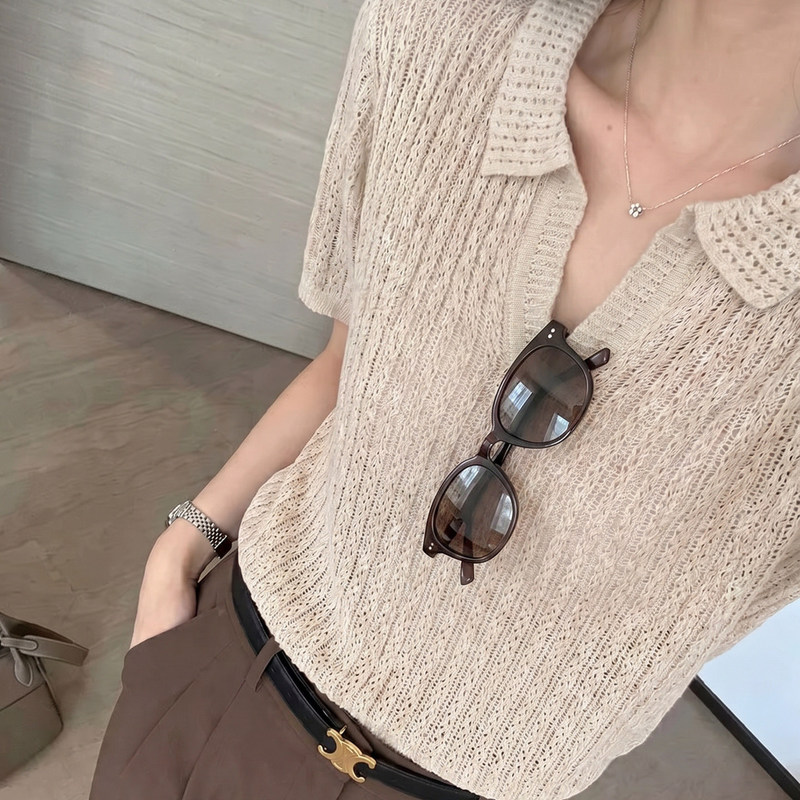 Dzoe Linen Hollow-Out V-Neck Knitted Short-Sleeve T-Shirt for Women, Summer Old Money Style Elegant Polo Shirt, Slim Fit Top