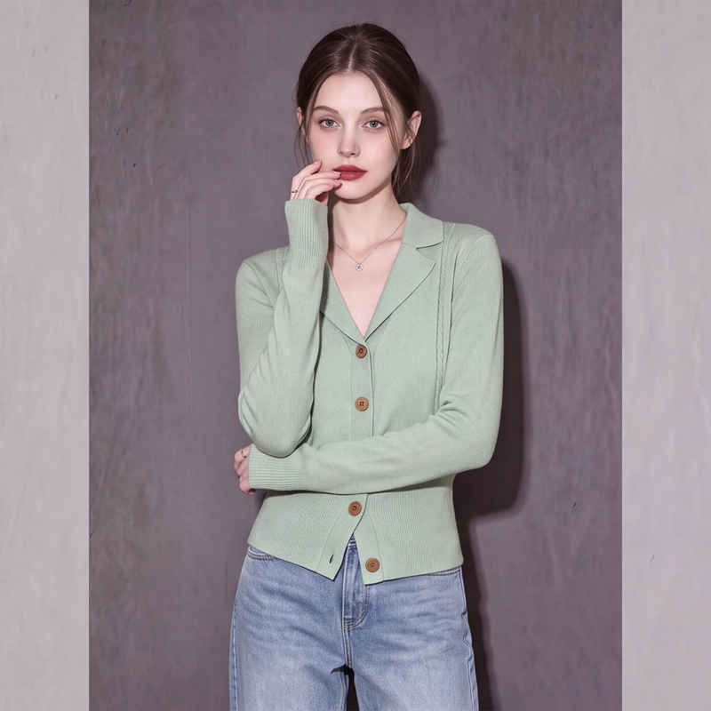 French-Style Elegant Green Suit Collar Knitted Cardigan for Women, Autumn High-End Waist-Cinching Casual Sweater Top
