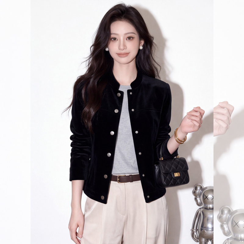 Black Stand-Up Collar Velvet Short Jacket for Women, Autumn High-End Style, Elegant, Loose-Fitting Commuter Jacket Top
