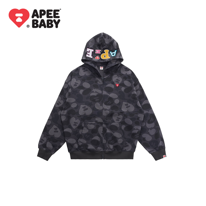 Apee Men's Heart Camouflage Hooded Zipper Sweatshirt Autum Street Style Loose Casual Cardigan Jacket