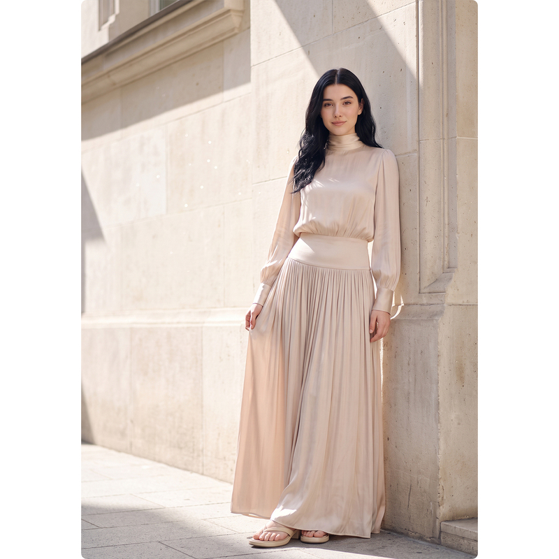 Zoz French Satin Elegant Long-Sleeved Dress for Women, Autumn Plus-Size Women's Dress, Slightly Chubby Body-Covering Long Dress