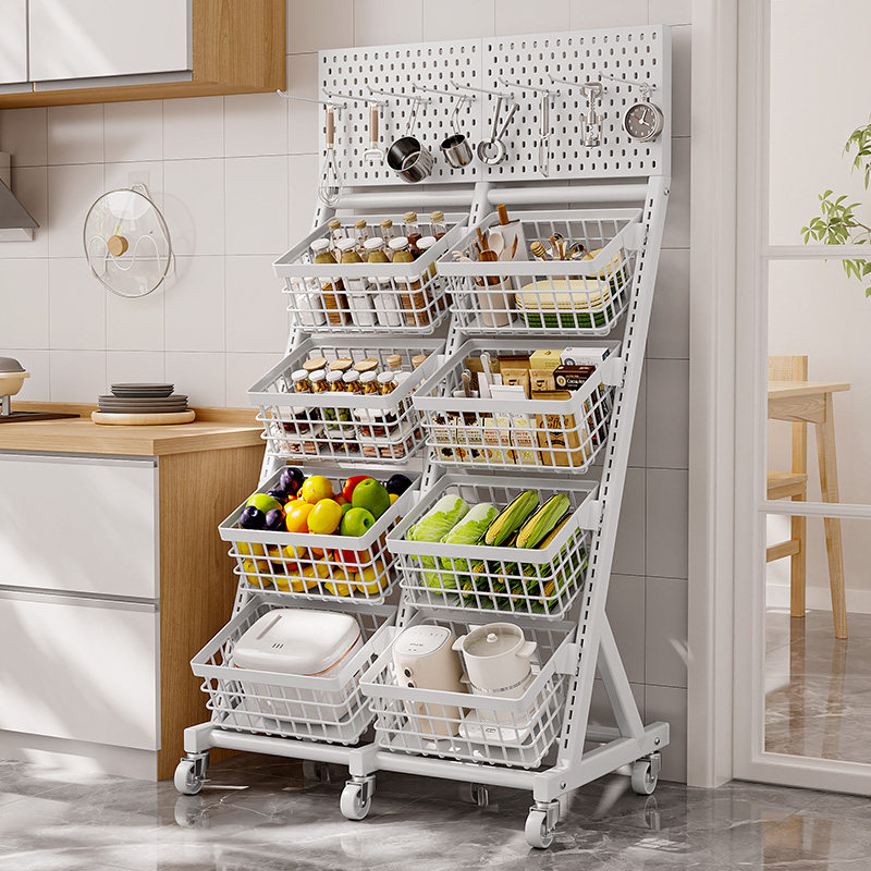 Kitchen multi-functional shelf floor-standing vegetable basket fruit and vegetable debris storage N storage rack hole board trolley storage