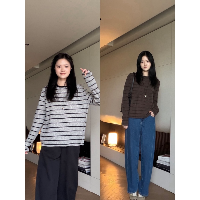 Meko Capsule: Smart and Stylish Nerd Style! 100% Wool Striped Crew Neck Sweater in Two Colors