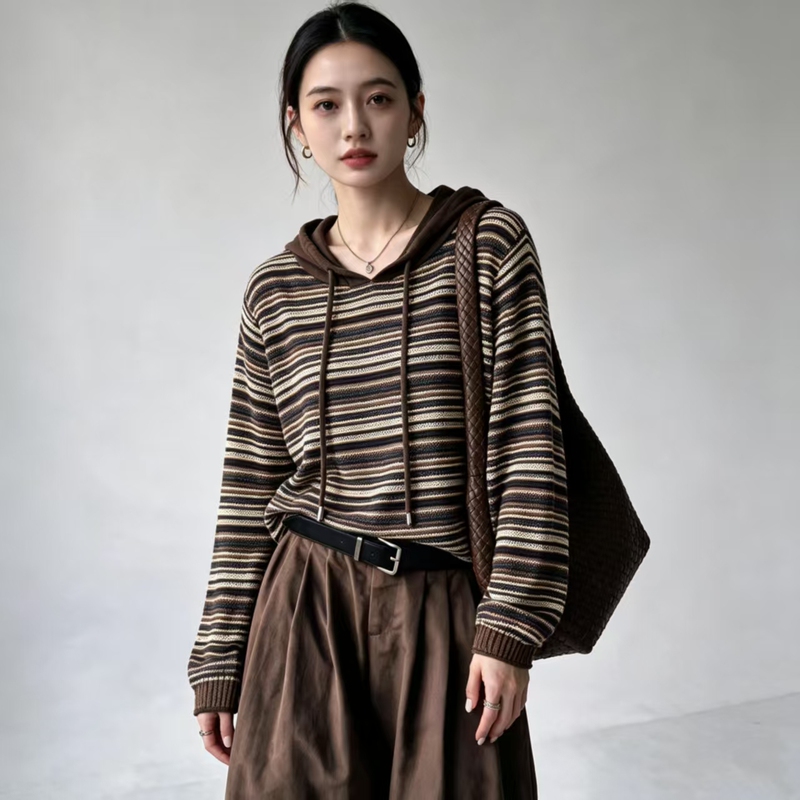 Artistic Style Color-Blocked Striped Patchwork Hoodie Artistic Style Color-Blocked Striped Patchwork Hoodie