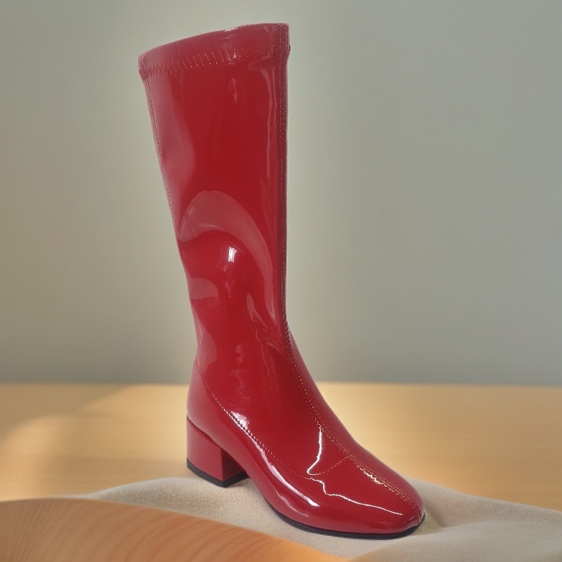 Girls' Thick-Heeled High Boots, Slim Boots, Shiny Patent Leather Elastic Boots, Kidsren's Model Catwalk Competition Stage Performance Boots