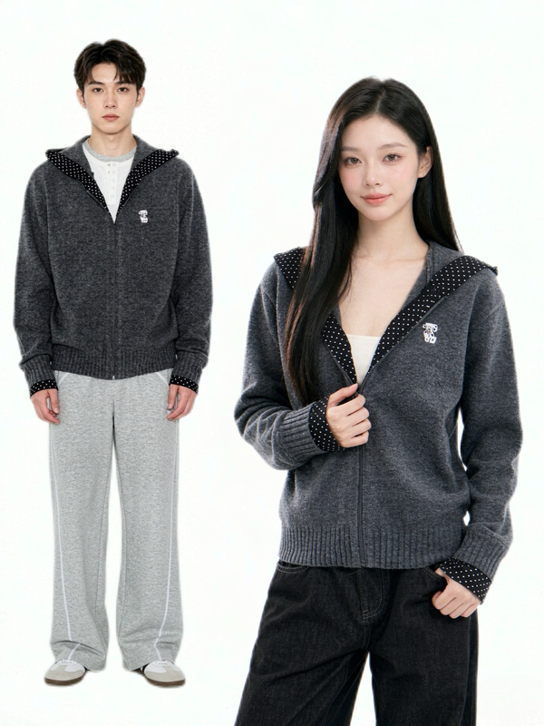 Mysamesame Polka Dot Patchwork Design Hooded Sweater Cardigan for Men and Women, Loose Zipper Knit Jacket for Autumn and Winter Mysamesame Polka Dot Patchwork Design Hooded Sweater Cardigan for Men and Women, Loose Zipper Knit Jacket for Autumn and Winter