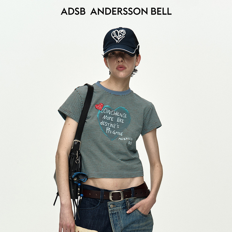 [End-Of-Season Discount] Andersson Bell 26 New Summer Product Heart Slogan Striped Short-Sleeved T-Shirt