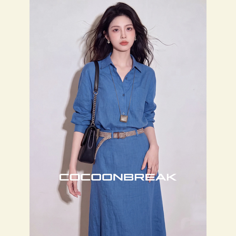 Cocoonbreak Autumn Korean Style Lazy and Simple Blue Linen Cotton Shirt and Skirt Set Cocoonbreak Autumn Korean Style Lazy and Simple Blue Linen Cotton Shirt and Skirt Set