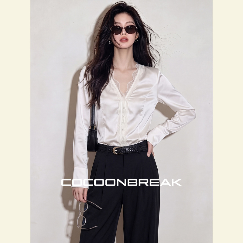 Cocoonbreak Autumn White Satin Lace Shirt for Women, French Style, Chic and Affordable, Commuting, Light Luxury V-Neck Top