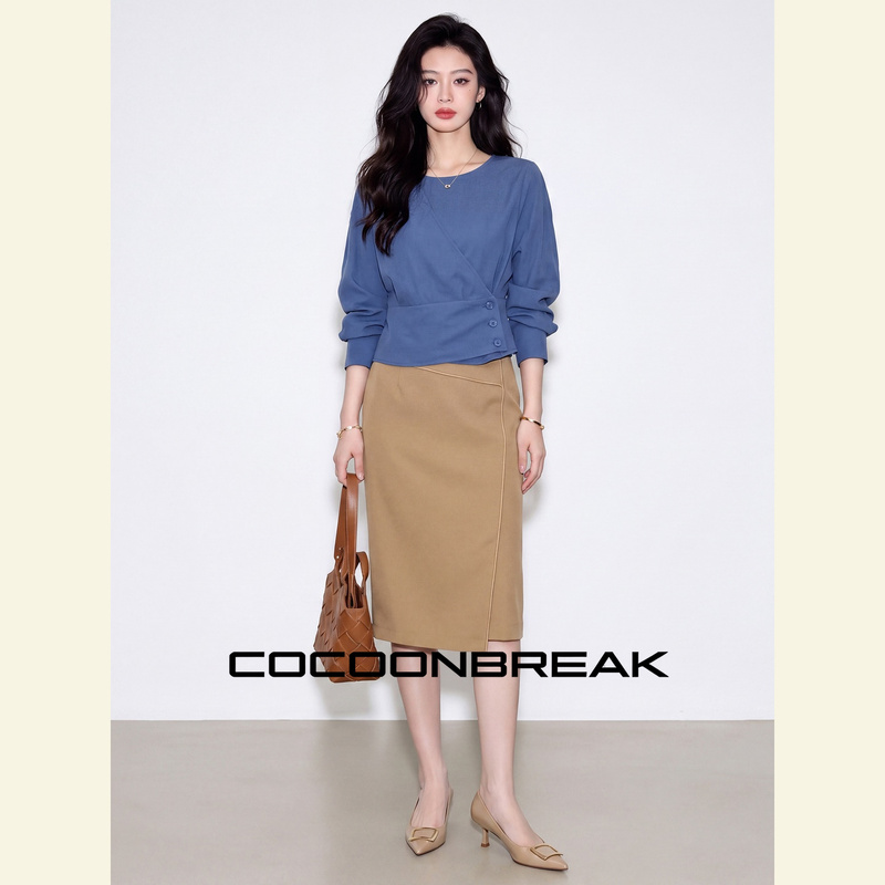 Cocoonbreak Early Autumn Artistic Workwear Casual Blue Shirt and Skirt Elegant Daily Atmosphere Suit for Women