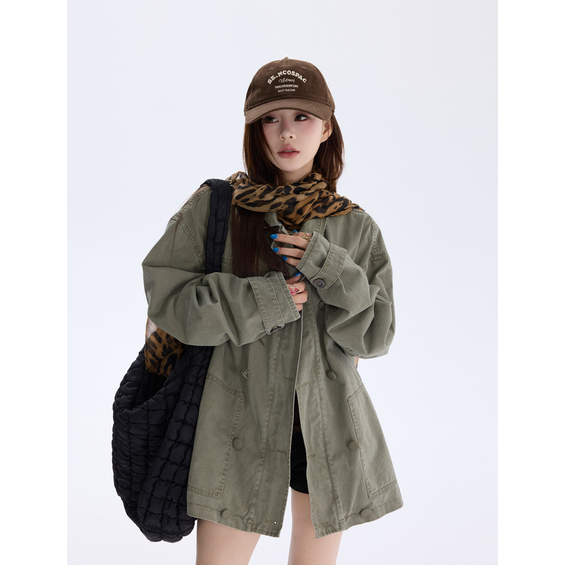 H13 Military Green Retro Double-Breasted Workwear Lapel Denim Jacket for Women Early Autumn Casual Loose Jacket Top H13 Military Green Retro Double-Breasted Workwear Lapel Denim Jacket for Women Early Autumn Casual Loose Jacket Top