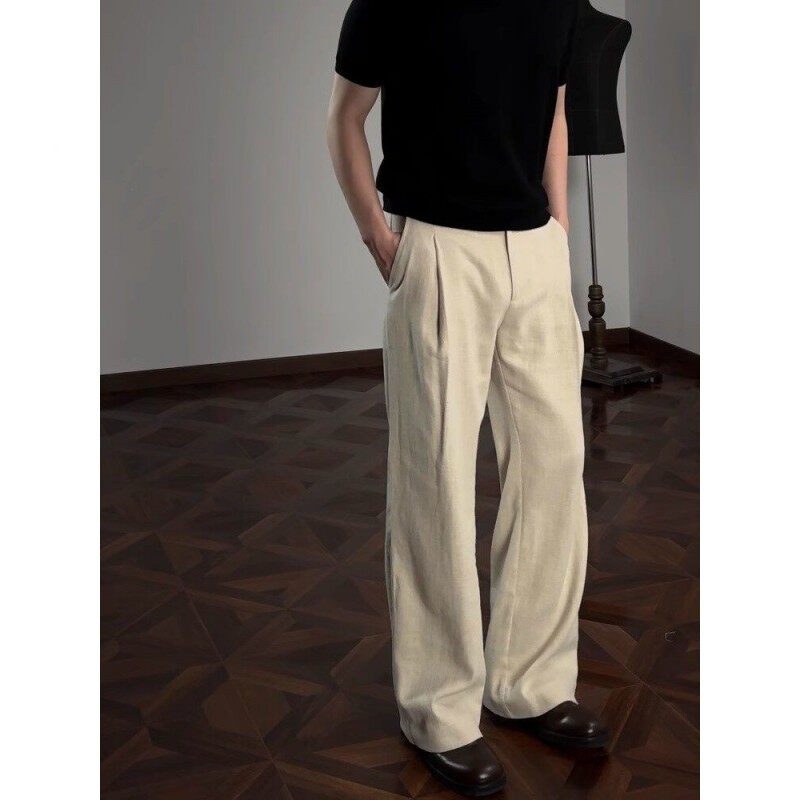 Oclin 70% high-end linen A-line trousers, three-dimensional pleated tailoring, fully hemmed lining, nouveau riche luxury