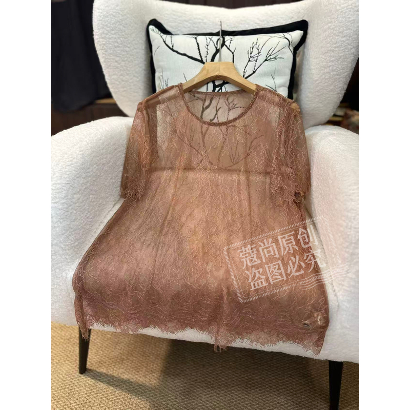 Summer New Style New Chinese Style Loose-Fitting Slimming Solid Color Lace Hollow-Out Round Neck Elegant Top Summer New Style New Chinese Style Loose-Fitting Slimming Solid Color Lace Hollow-Out Round Neck Elegant Top