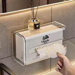 Wall-Mounted Paper Towel Holder for Living Room, Perforated Wall-Mounted Tissue Box Storage Box for Bathroom, Household Toilet, Kitchen, and Face Washing, Hanging Upside down