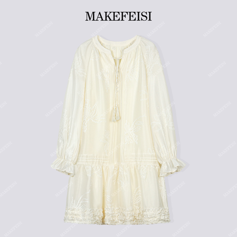 Floating Embroidered Flowers | Lyocell Tassel Lace-Up Embroidered Patchwork Dress Lyqc223 Floating Embroidered Flowers | Lyocell Tassel Lace-Up Embroidered Patchwork Dress Lyqc223