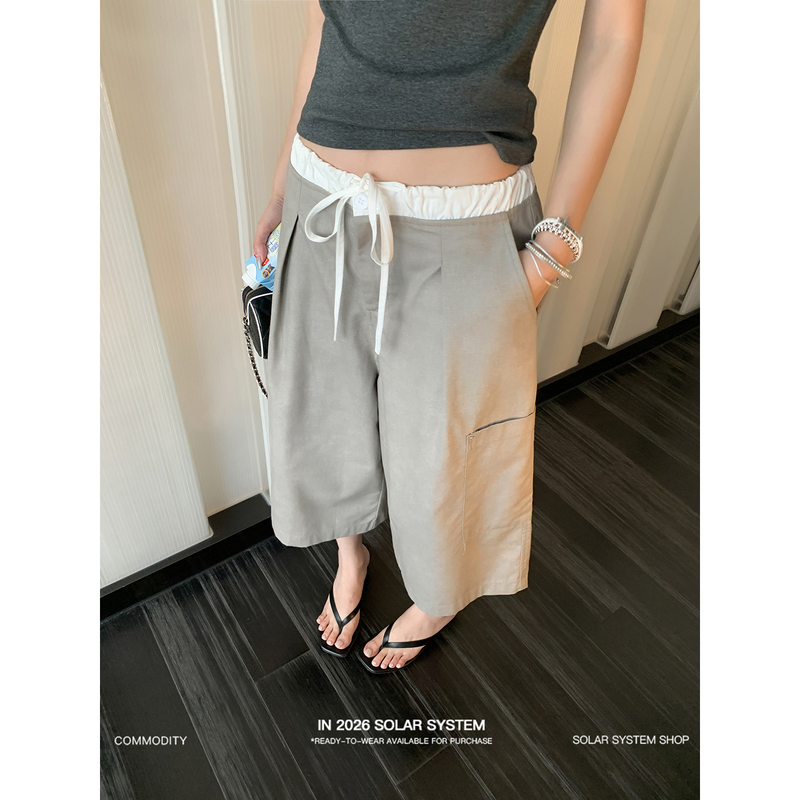 Solar American-Style Gray Casual Wide-Leg Mid-Length Pants for Women with Contrasting Color Waistband, Drawstring, Large Pockets, Loose Fit, Slimming Capri Pants Solar American-Style Gray Casual Wide-Leg Mid-Length Pants for Women with Contrasting Color Waistband, Drawstring, Large Pockets, Loose Fit, Slimming Capri Pants