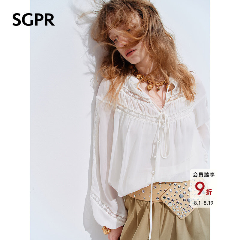 【Sgpr】French Lace Trim Tie-Up Thin White Shirt 26 Autumn New Vintage Loose Long-Sleeve Top